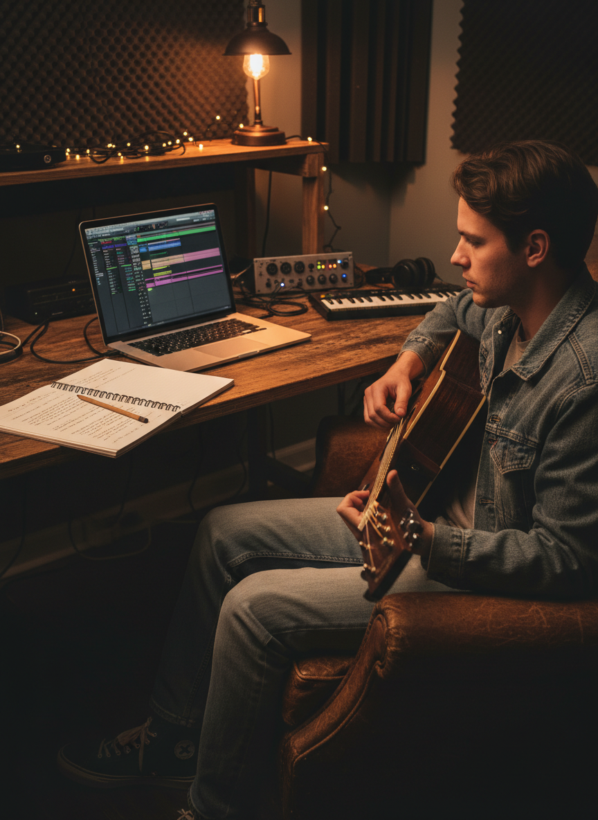 Music producer working with a keyboard